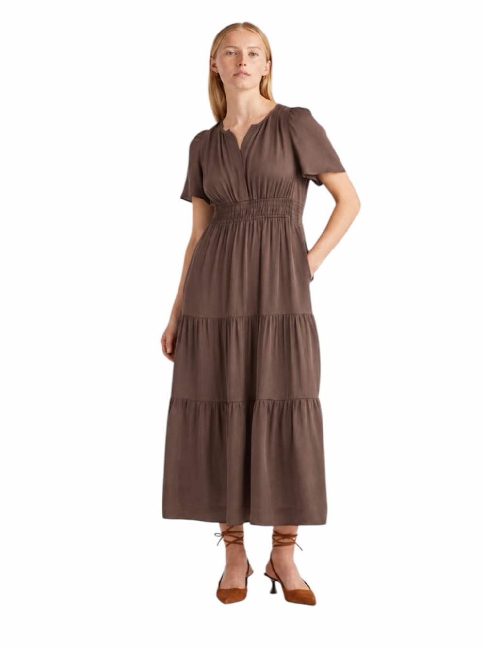 Quince - Washable Stretch Silk Tiered Maxi Dress Brown Sz L